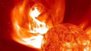 Satellite views of the sun's chromosphere and a coronal mass ejection (CME).