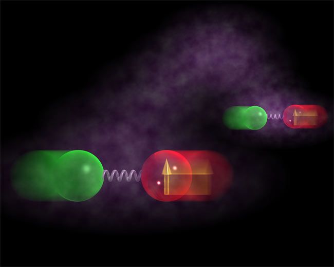 An artistic representation of two entangled mechanical oscillators made up of two pairs of trapped ions. The arrows denote the internal state of two of the ions. The mist between the two mechanical oscillators is used to represent the entanglement.