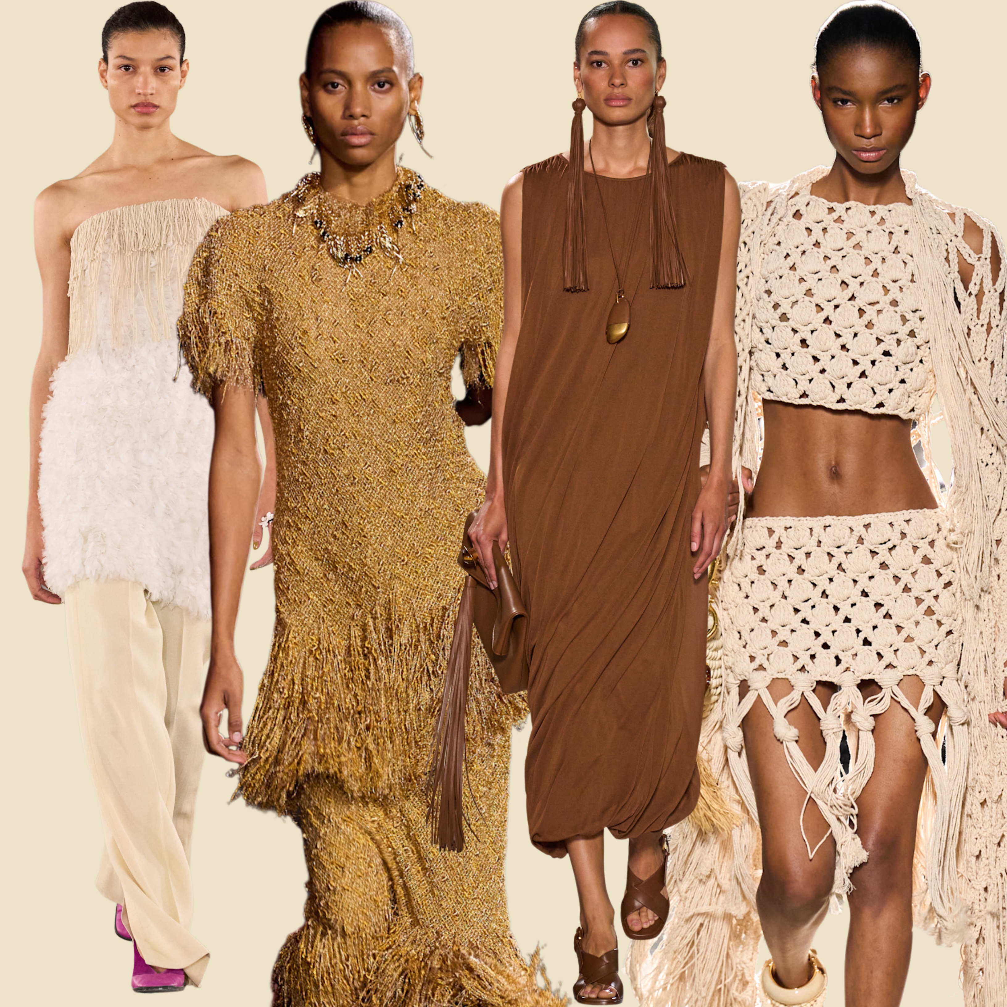 collage of fringe on the spring 2026 runways of chanel, diotima, michael kors, and balmain.