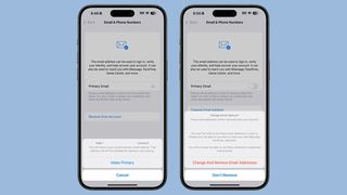 Screenshots showing iOS 18.1's new primary email changing process for Apple Account