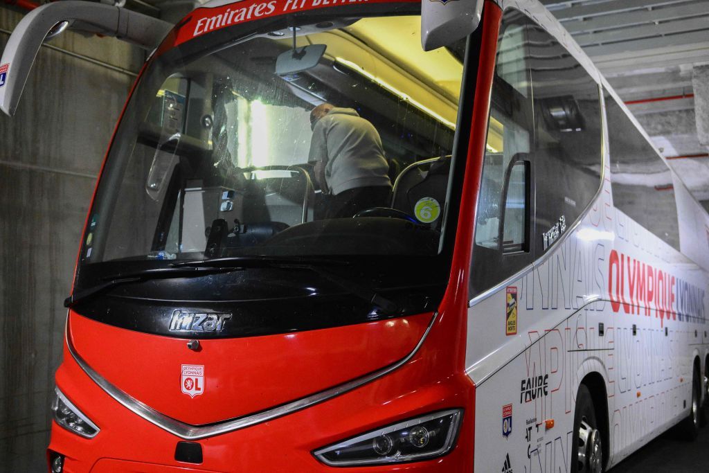 A photograph taken at Stade Velodrome in Marseille, southern France on October 29, 2023, shows Lyon&#039;s travelling team bus, with one window completely broken (unseen) and another damaged, after the bus was stoned as it entered the Stade Velodrome ahead of the French L1 football match between Olympique Marseille (OM) and Olympique Lyonnais (OL). The Ligue 1 encounter between Marseille and Lyon was postponed on October 29, 2023 after the travelling team&#039;s bus was attacked with stones, injuring coach Fabio Grosso. (Photo by CHRISTOPHE SIMON / AFP) (Photo by CHRISTOPHE SIMON/AFP via Getty Images)