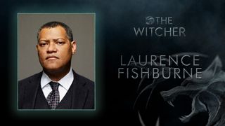 A headshot of Laurence Fishburne and Netflix's The Witcher logo sitting side-by-side