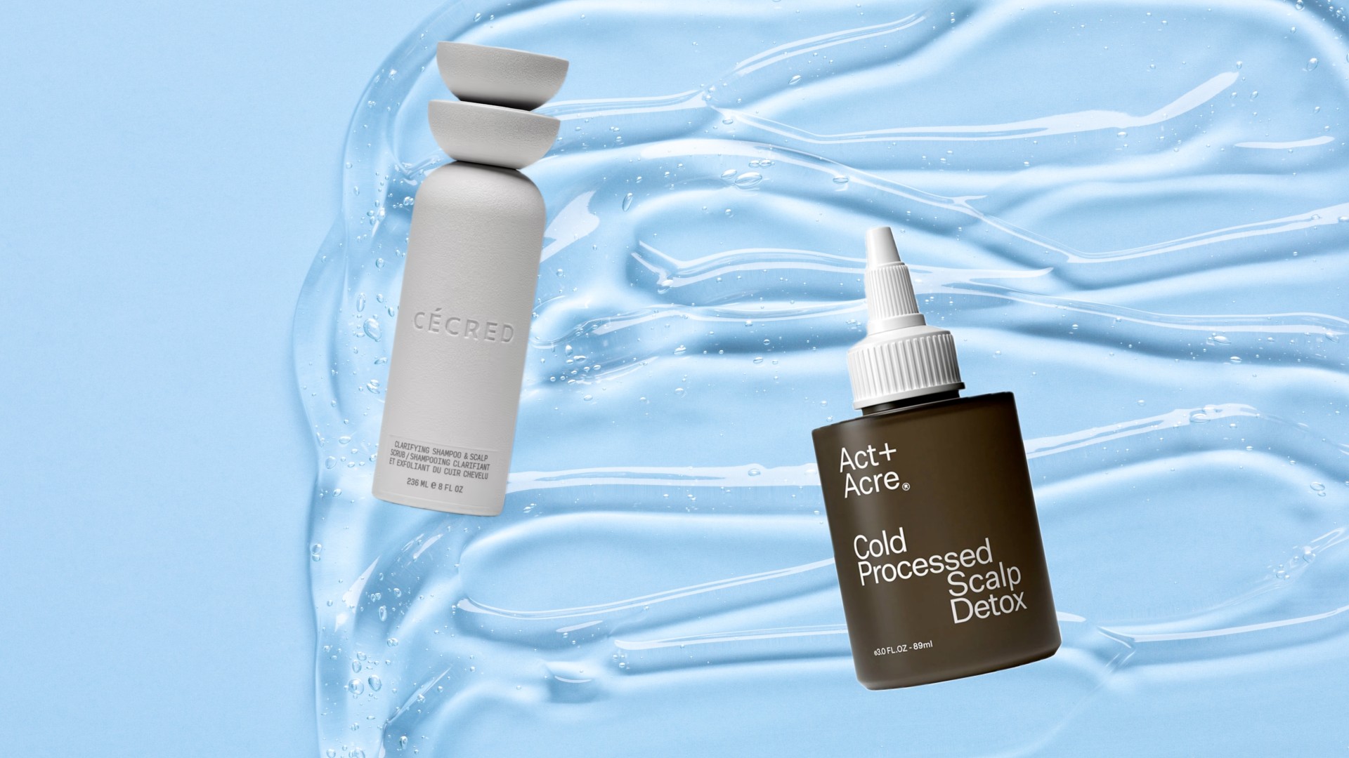 a collage of two scalp treatments on a blue background