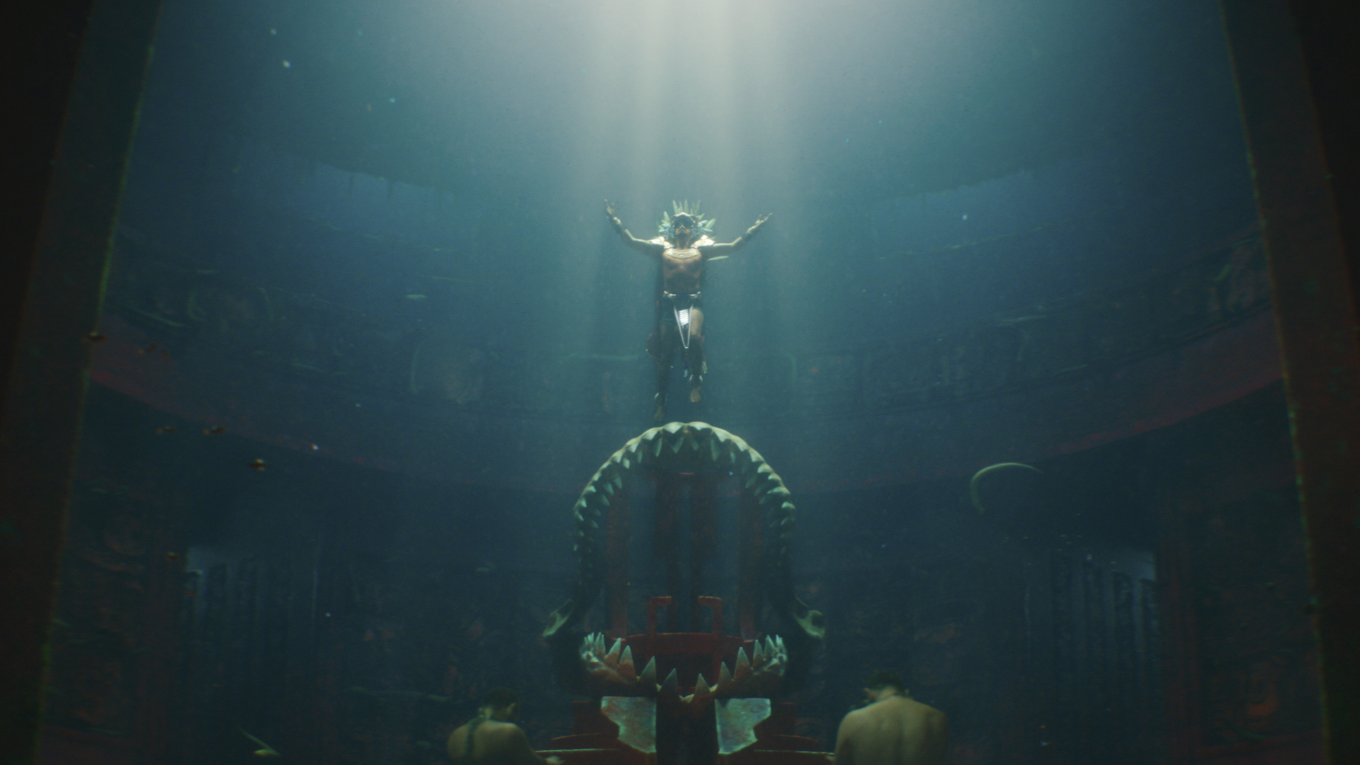 Namor descends to his megalodon throne created in Talokan in Black Panther: Wakanda Forever