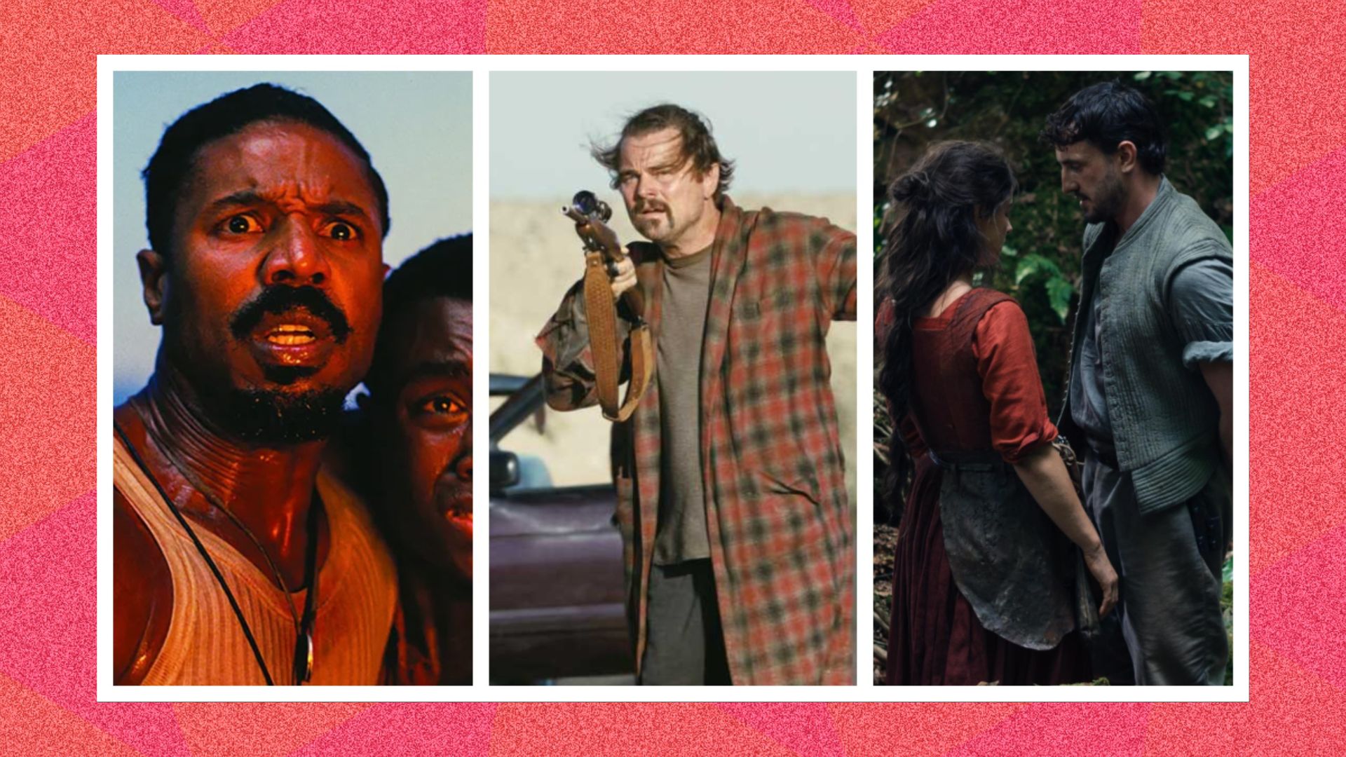 an image of three production stills from sinners, one battle after another, and hamnet spliced together