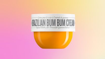 The Sol De Janeiro Brazilian Bum Bum cream pictured on a pink, orange and yellow gradient template
