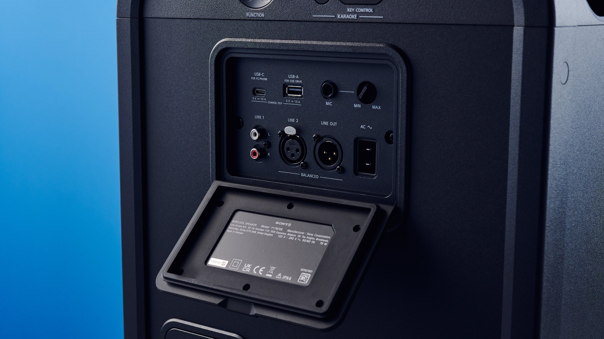 A black Sony ULT Tower 5 portable party speaker
