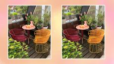 Two images of outdoor seating with plants