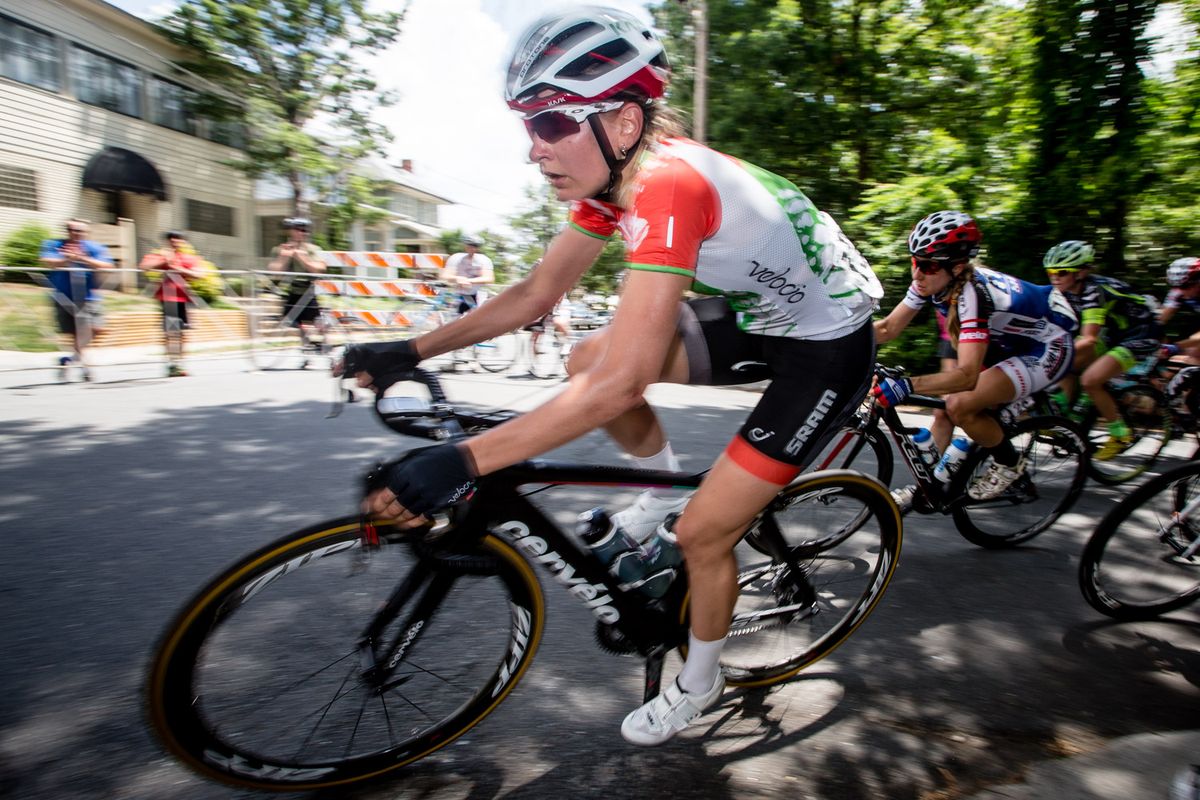 Alena Amialiusik (Velocio) makes the turn at the top of the climb.
