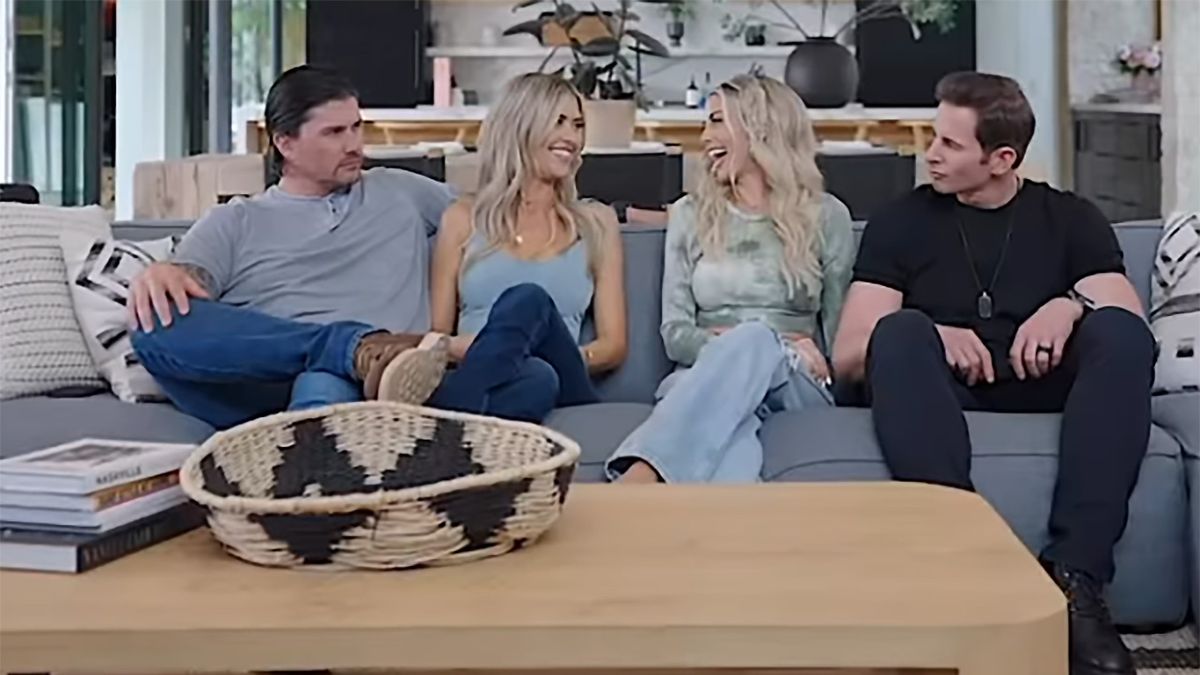 Clip from Season 1 of Tarek El Moussa, Christina Hall, Josh Hall and Heather El Moussa on a couch. 