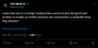A post that reads: "Looks like one is a college student (who wants to join the govt) and another is maybe an Antifa member, but nonetheless a probable false flag situation @CommunityNotes"
