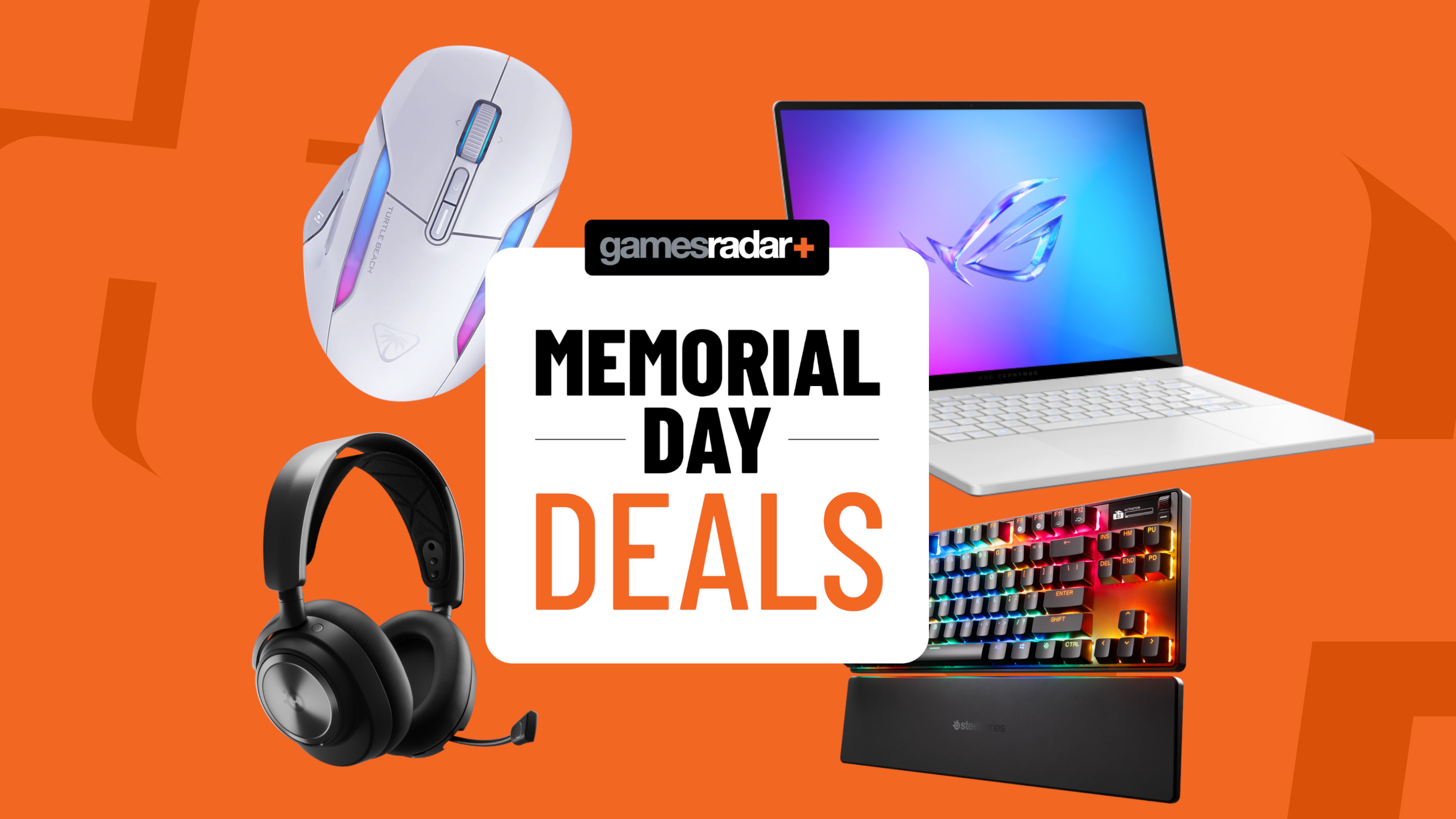 Gaming mouse, headset, keyboard and laptop on an orange background with Memorial Day deals badge