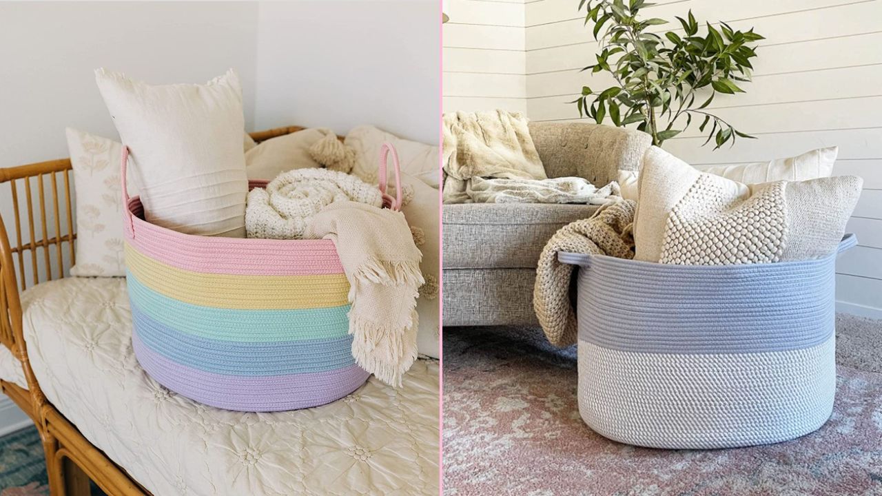 Two pictures of living room blanket baskets