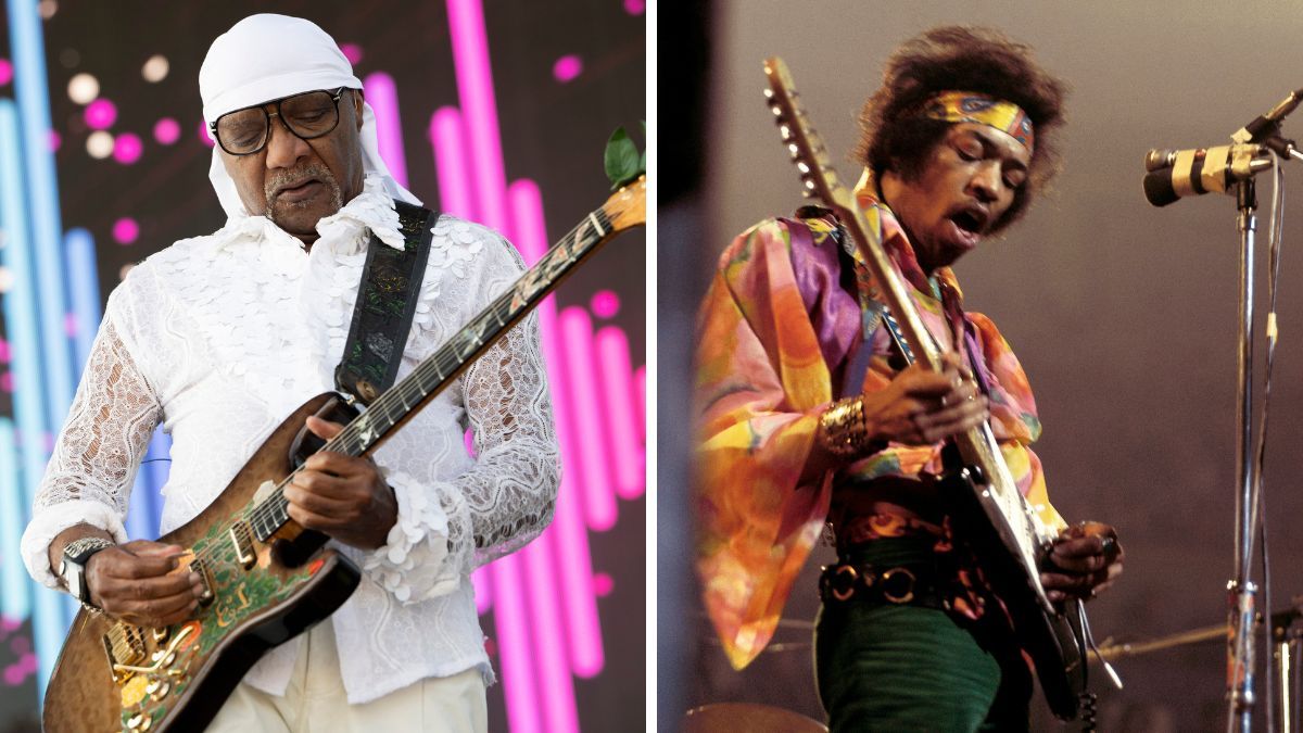 Left-Ernie Isley of The Isley Brothers performs onstage during the Fool in Love Festival at Hollywood Park Grounds on August 31, 2024 in Inglewood, California; Right-Jimi Hendrix (1942-1970) performs live on stage playing a black Fender Stratocaster guitar with The Jimi Hendrix Experience at the Royal Albert Hall in London on 24th February 1969