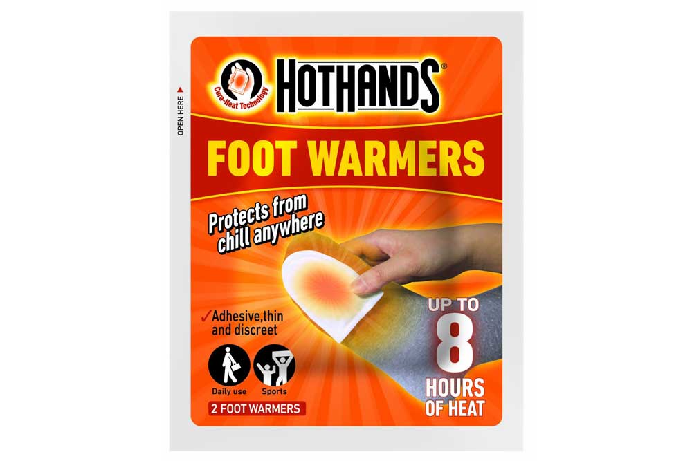 Image shows HotHands foot warmers for avoiding cold feet while cycling.