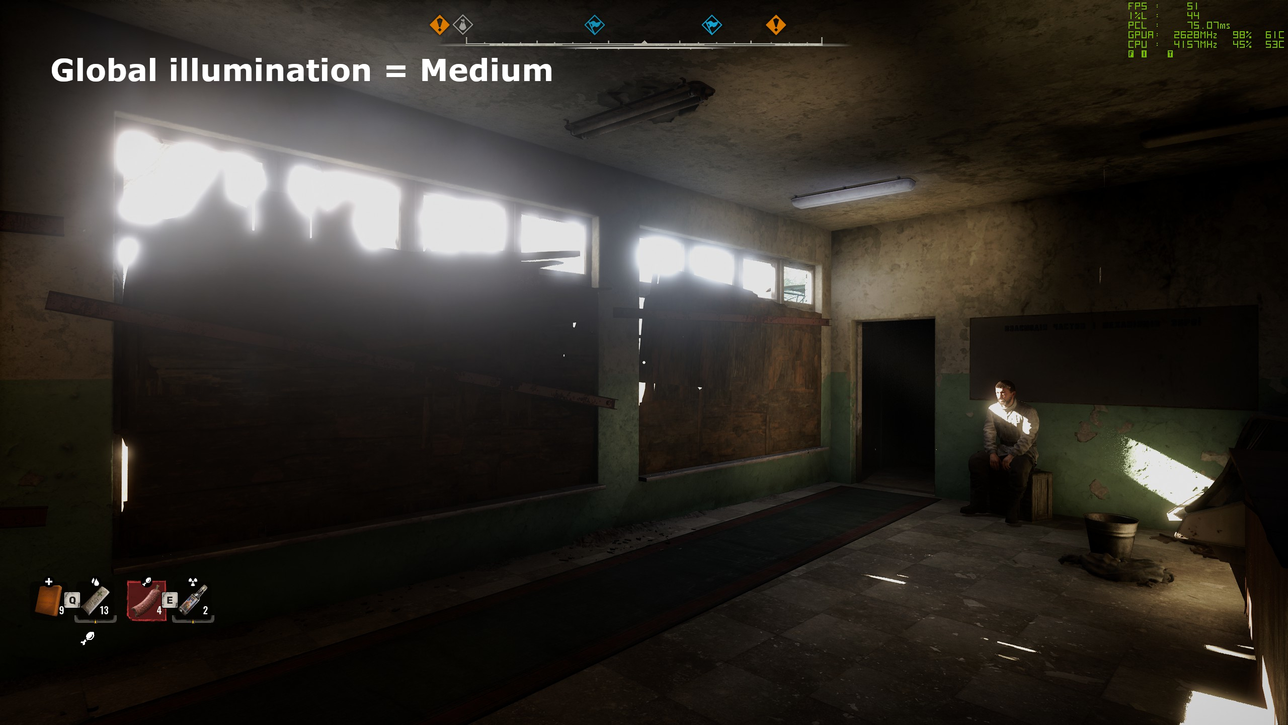 A screenshot of Stalker 2: Heart of Chornobyl, showing the impact of global illumination settings