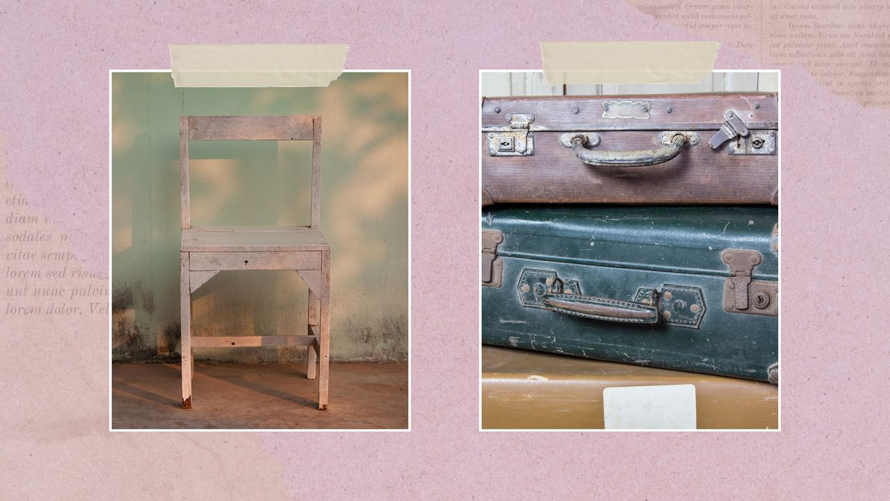 A picture of a chair and a picture of suitcases on a purple background