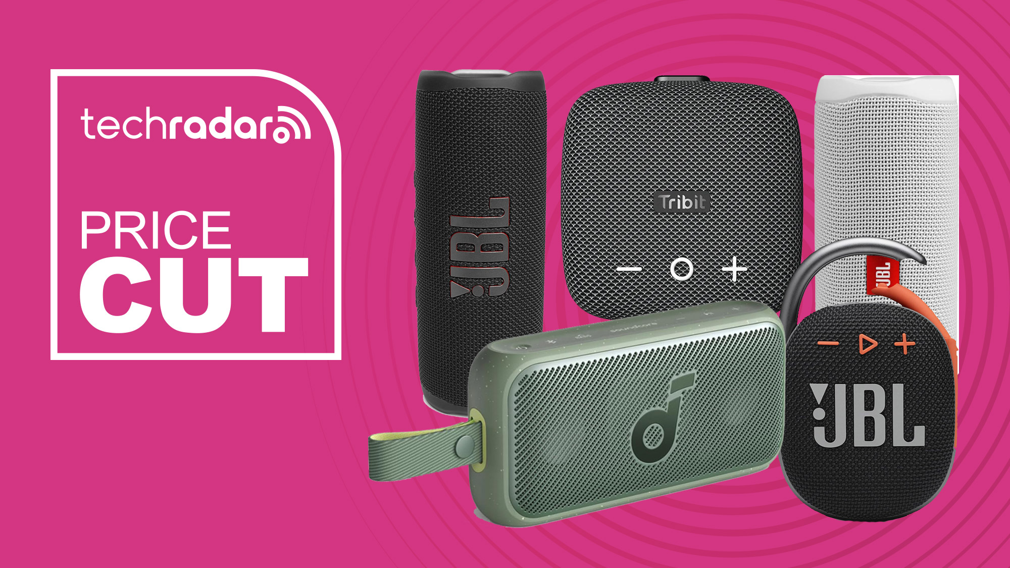 JBL, Tribit and Soundcore speakers on a pink background with &quot;Price Cut&quot; text in white.