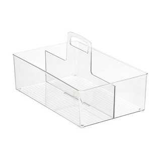 A clear acrylic storage caddy with a handle