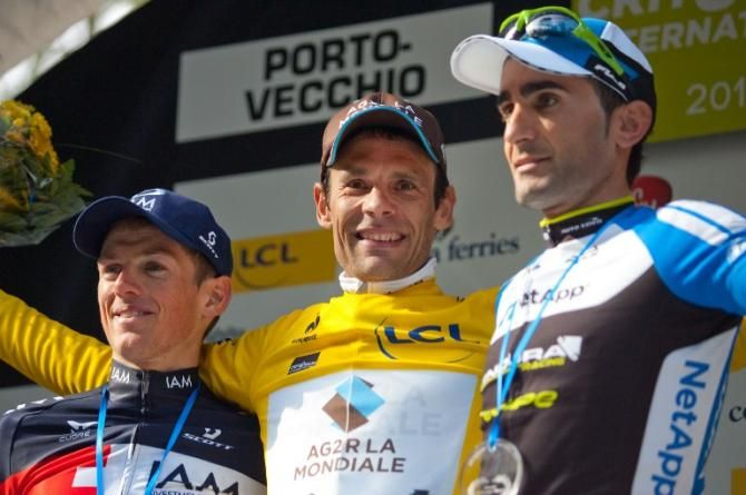 The final GC podium at Crit&eacute;rium International (L-R): Mathias Frank, Jean-Christophe Peraud and Tiago Machado