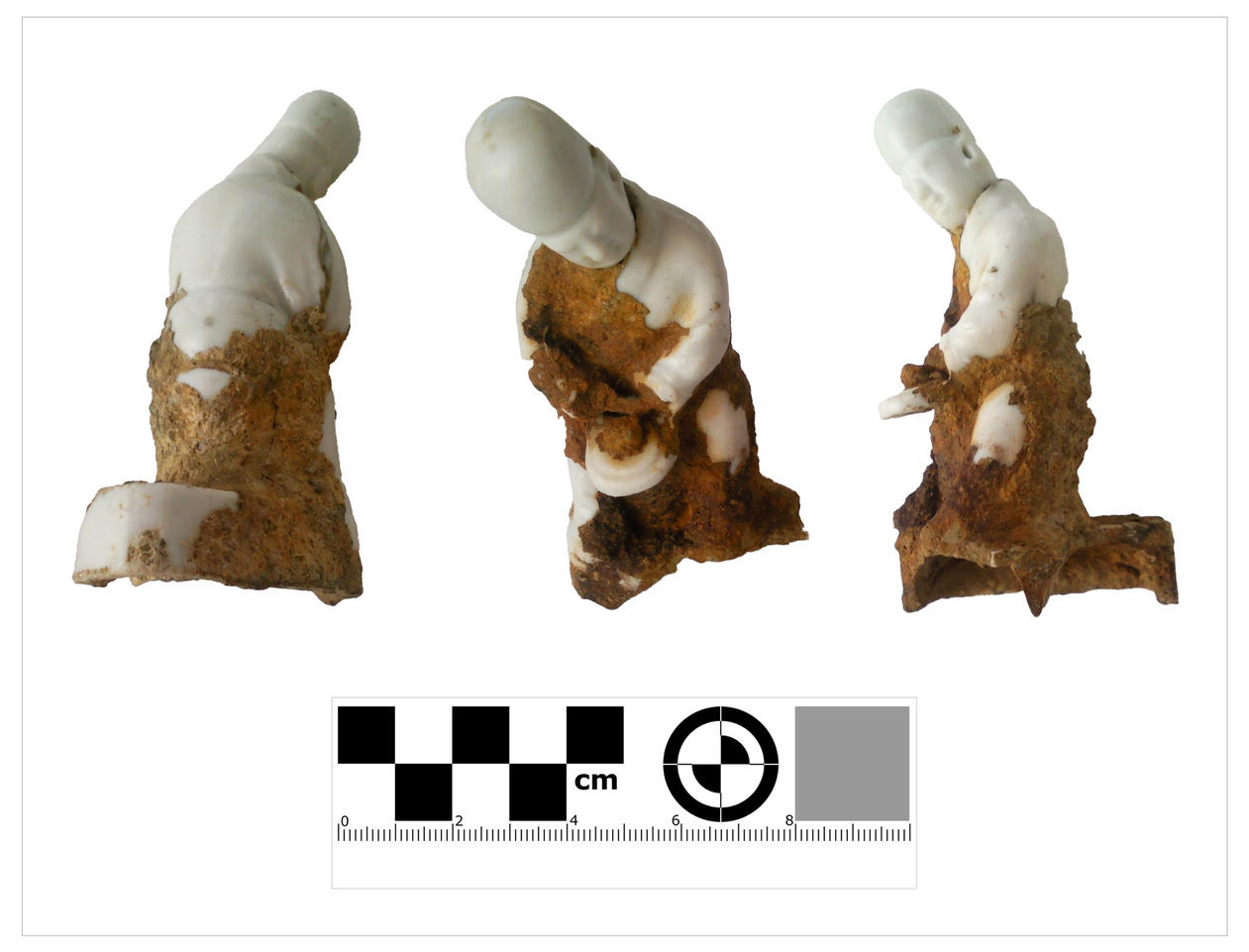 Multiple views of a white statuette of a praying figure