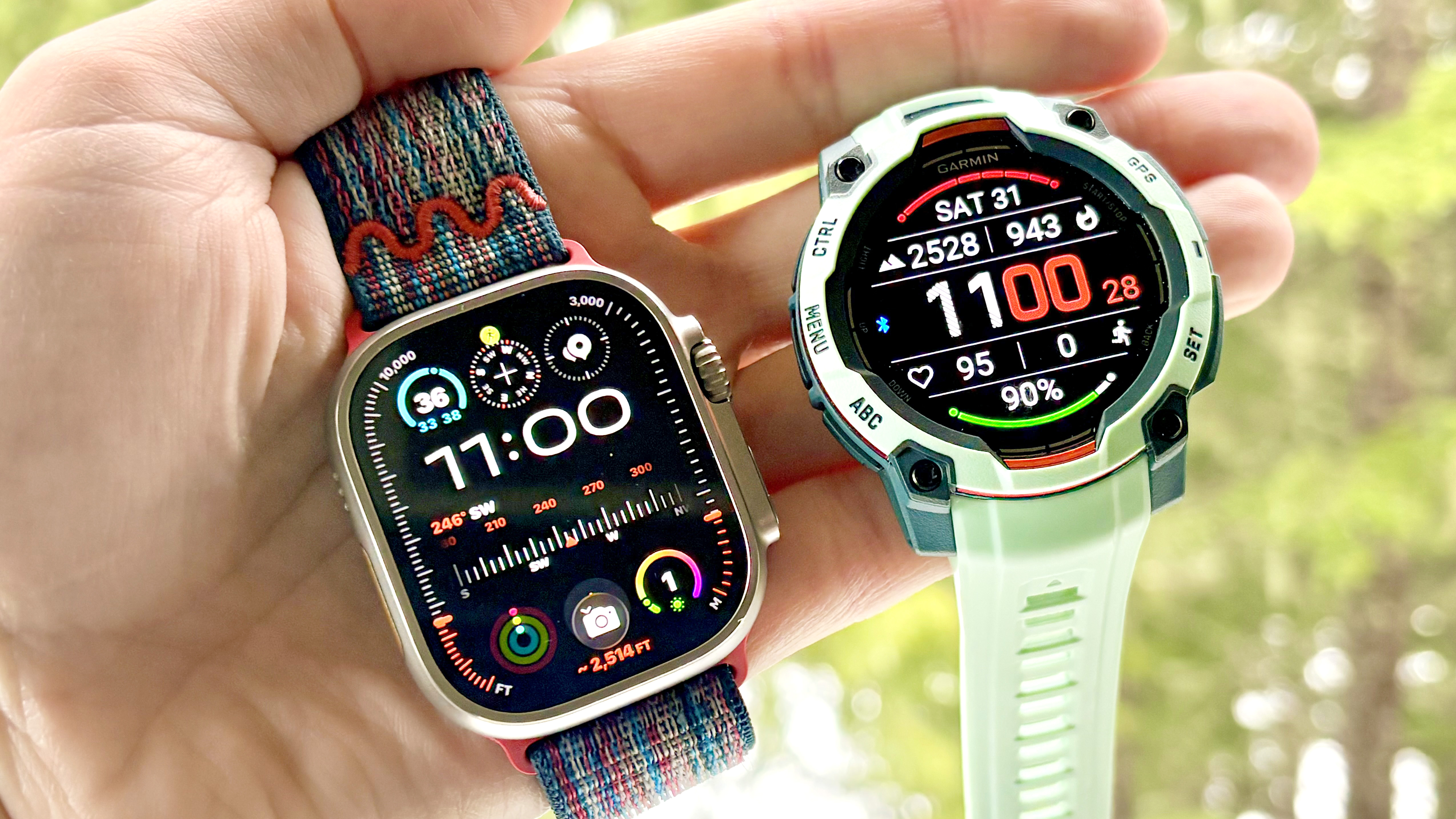 Close-up of the Apple Watch Ultra 3 vs Garmin Instinct 3
