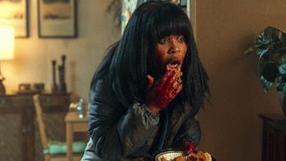 Dominique Fishback eating pie with blood on her face in Swarm