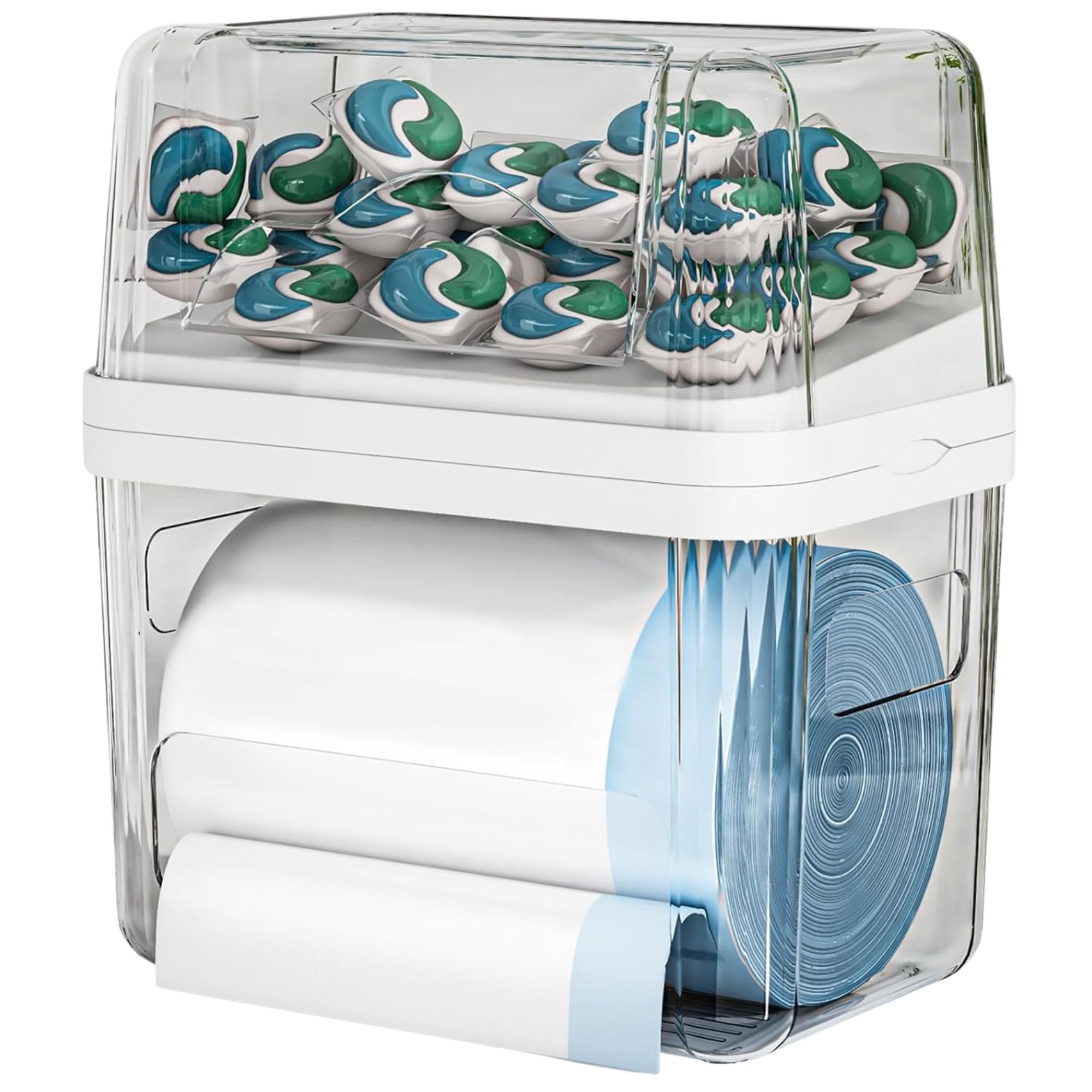 Clear acrylic laundry pod and trash bag organizer