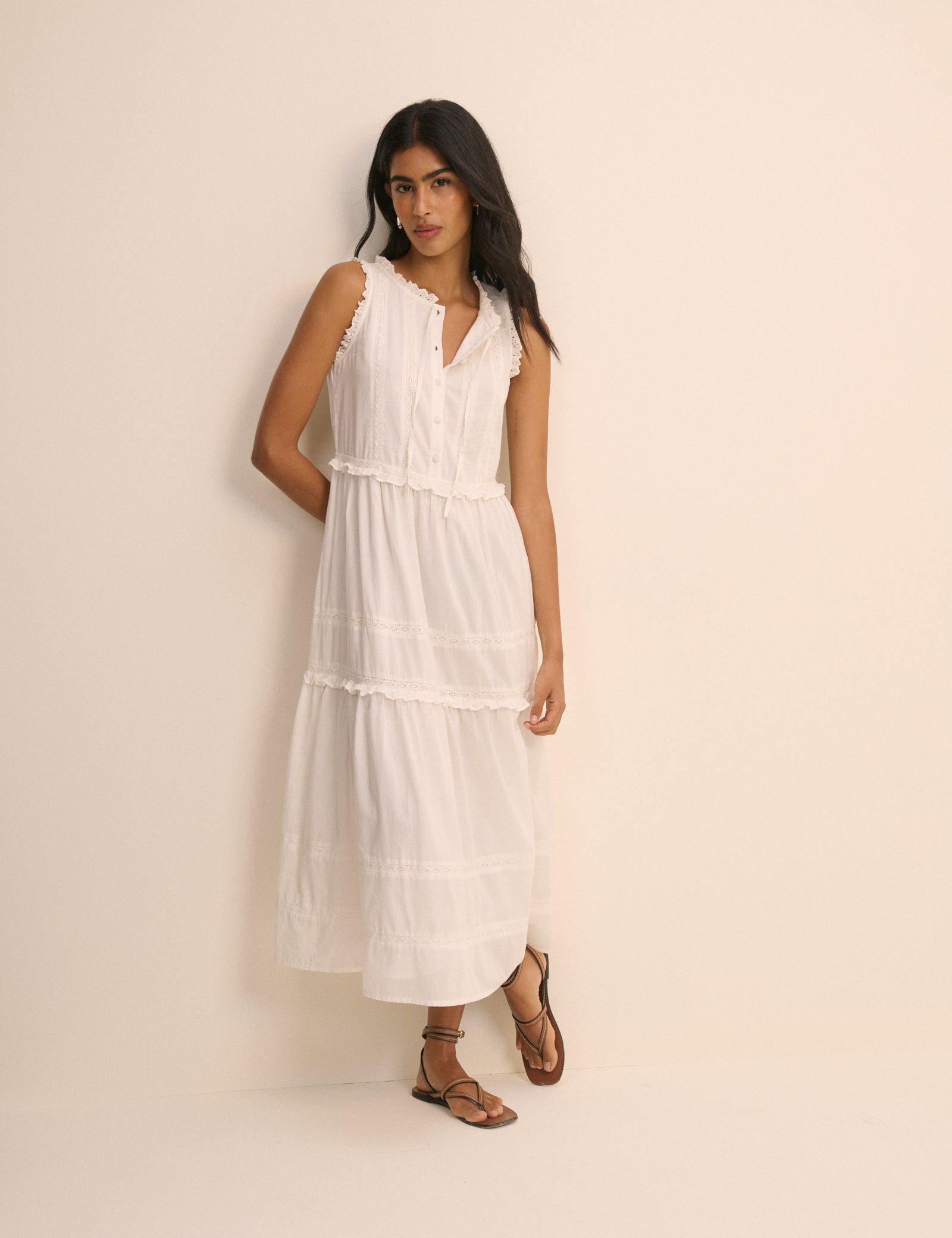 White Ruffle Trim Tiered Penelope Midi Dress