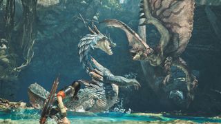 Promotional screenshot of Lagiacrus fighting Rathalos in Monster Hunter Wilds