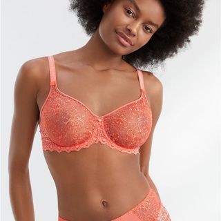 pink lace bra and pants on a model