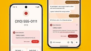 Two Android phones displaying Google's AI-powered anti-scam alerts against an orange background.