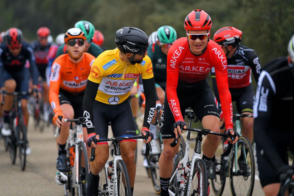 LA CALMETTE FRANCE FEBRUARY 04 Nacer Bouhanni of France and Team Arkea Samsic Yellow Sprint Jersey Bram Welten of Netherlands of France and Team Arkea Samsic during the 51st toile de Bessges Tour du Gard 2021 Stage 2 a 154km stage from SaintGenis to La Calmette EDB2020 on February 04 2021 in La Calmette France Photo by Luc ClaessenGetty Images