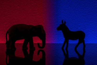 Democrats vs republicans are facing off in a ideological duel on blue and red backgrounds. I
