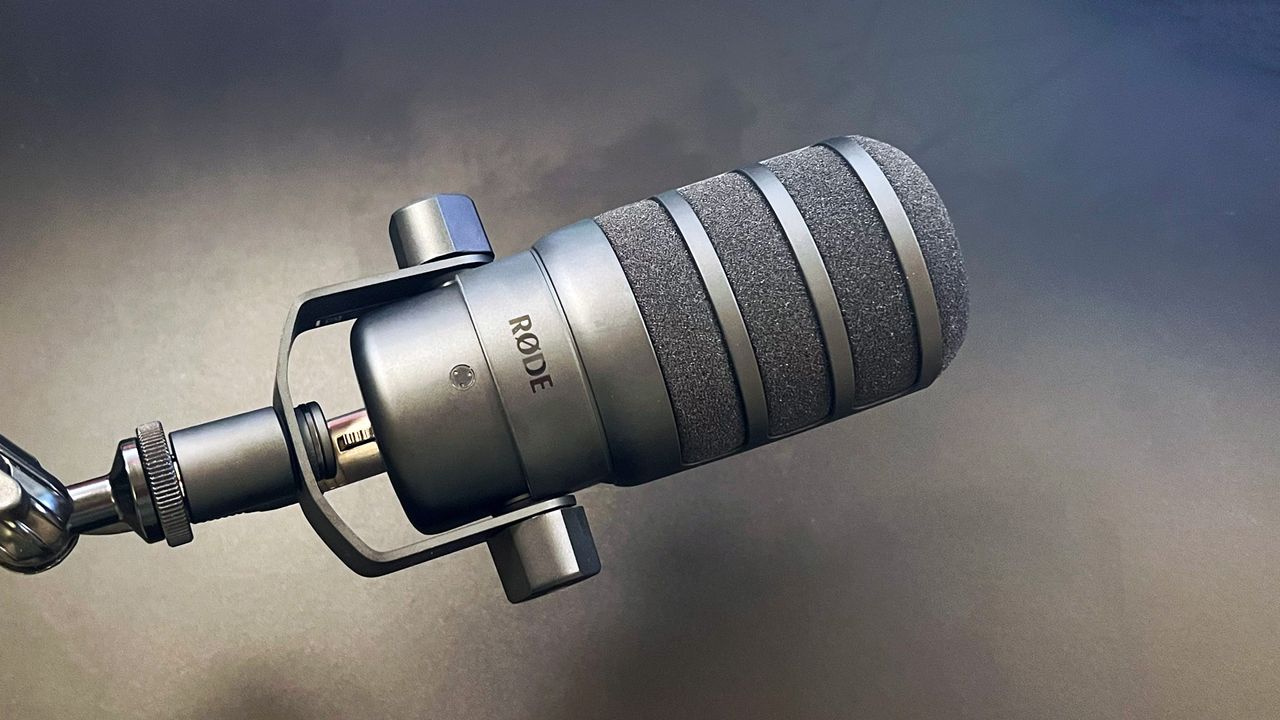 RODE PodMic USB with its pop filter wind guard on