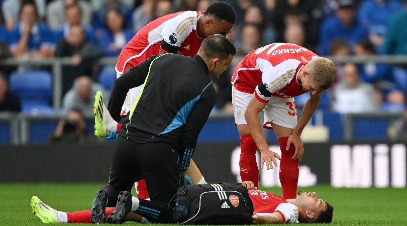 Arsenal&#039;s Gabriel Martinelli receives treatment after suffering a hamstring injury against Everton at Goodison Park in September 2023.