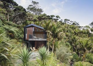 this New Zealand 'Bach' is perch on a hillside overlooking the sea