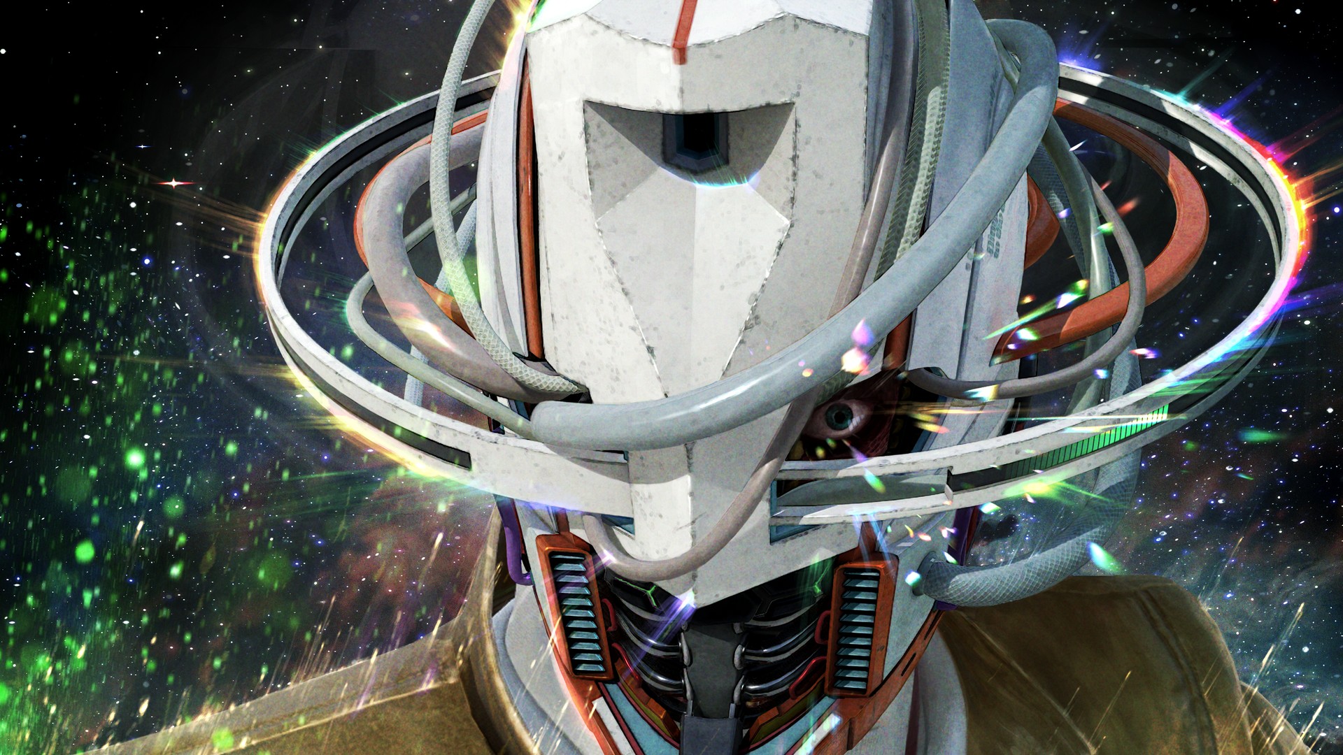 Key art showing a close up of Romeo with a robotic helmet in Romeo is a Dead Man