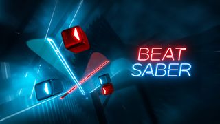 Beat Saber keyart showing a red and blue blade sashing through colored blocks