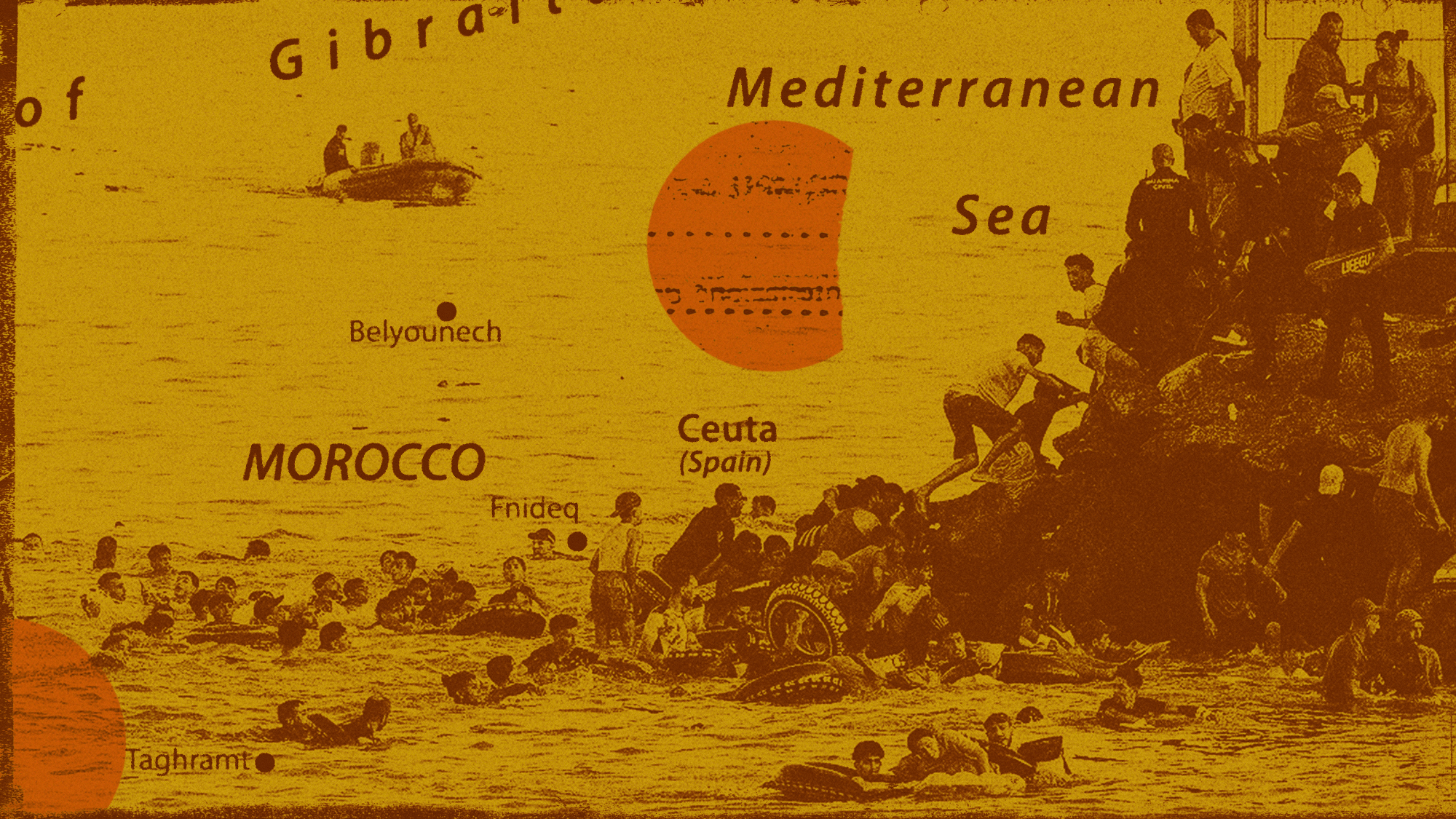 Illustration of migrants crossing into Spanish Ceuta