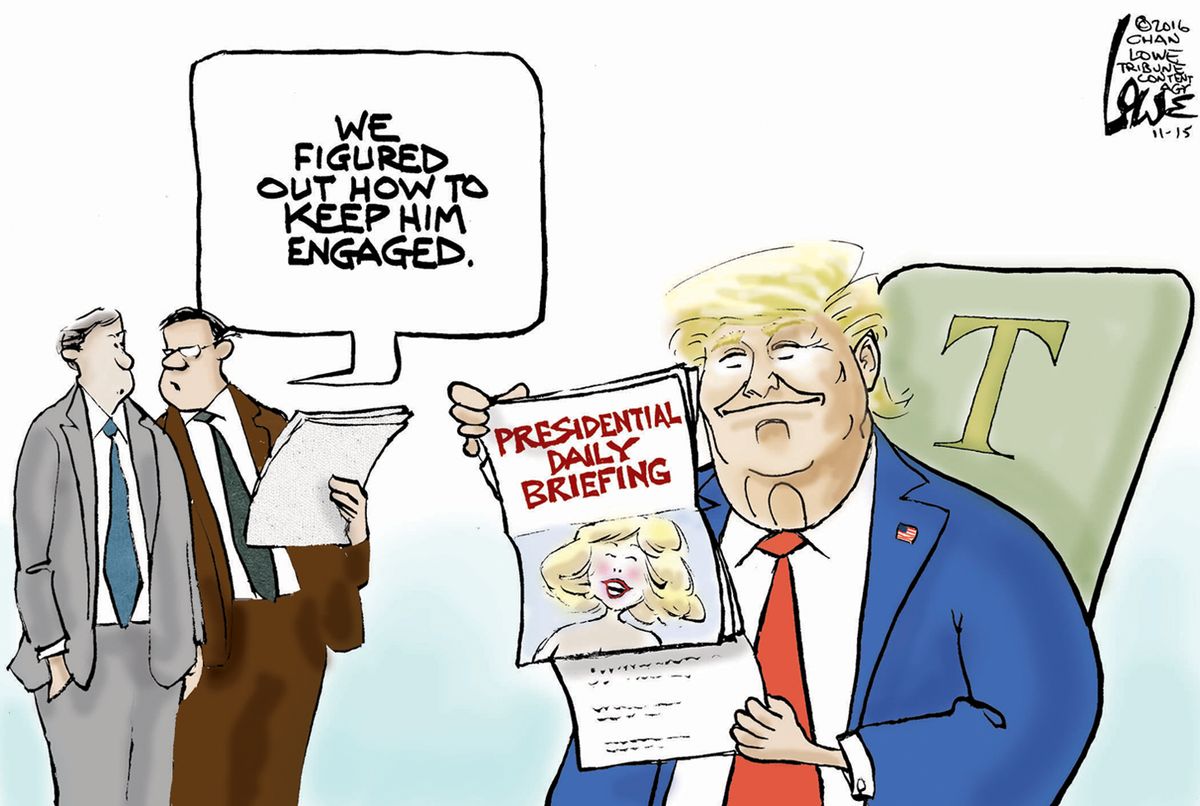 Political cartoon U.S. Donald Trump presidential daily briefing | The Week