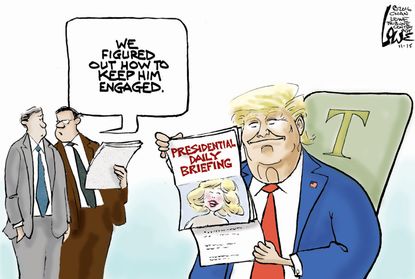Political cartoon U.S. Donald Trump presidential daily briefing