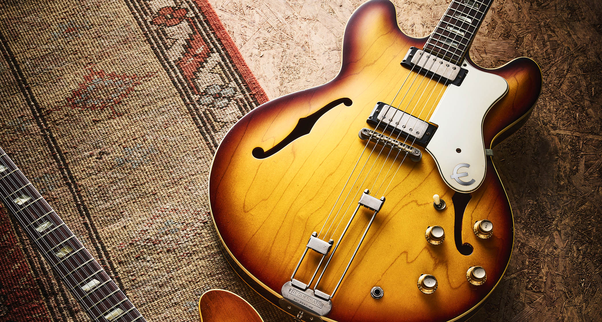A 1964 Epiphone Riviera: By 1964, the earlier ‘Mickey Mouse’ body ears of the Riviera had slimmed. The six-string is an unusual sunburst with narrower dark edges, while the 12-string E360TD-12 is the more common Royal Tan