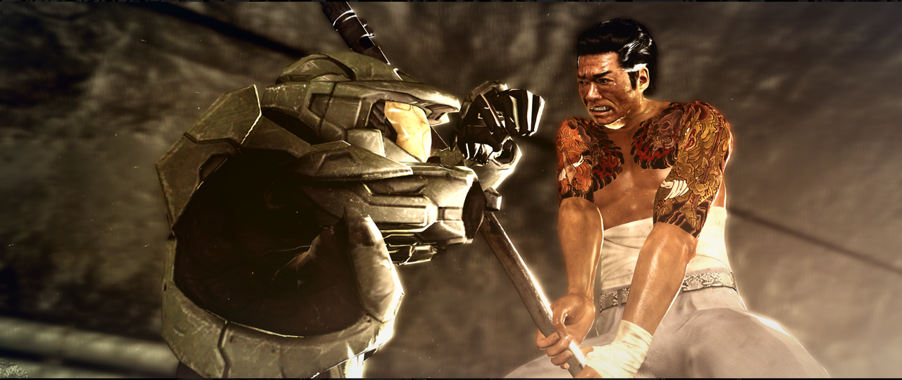 An image of a modified Yakuza 0 replacing disco-dancing protagonist Kiryu with Master Chief, an armored super soldier, on a light-up dance floor