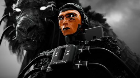 Marathon screenshot showing a cybernetic character from the Traxus faction with a giant, wolf-like creature in the background.