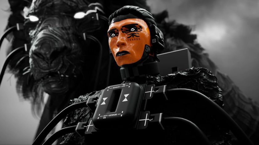 Marathon screenshot showing a cybernetic character from the Traxus faction with a giant, wolf-like creature in the background.