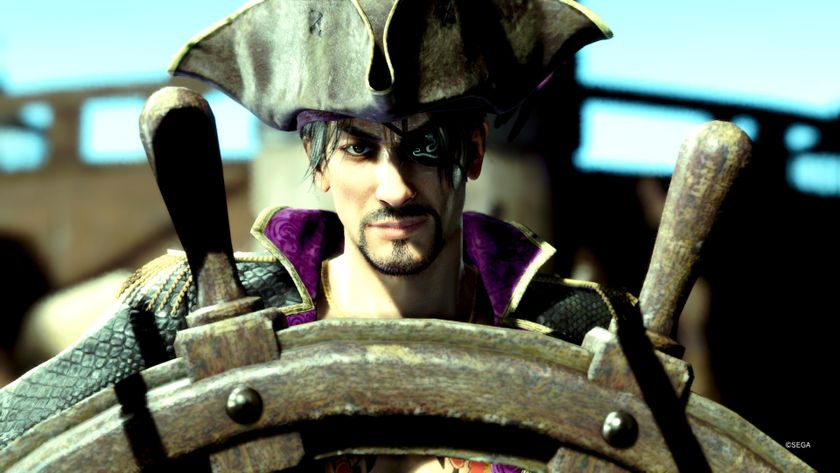 Goro Majima takes the helm of his ship in Like a Dragon: Pirate Yakuza in Hawaii