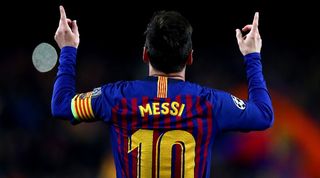 Lionel Messi celebrates after scoring for Barcelona against Manchester United in April 2019.