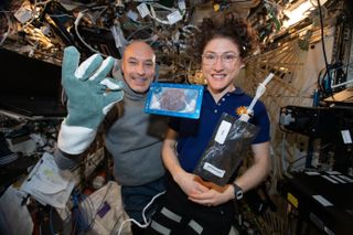 Astronauts Luca Parmitano and Christina Koch pose with a freshly-baked space cookie and milk.