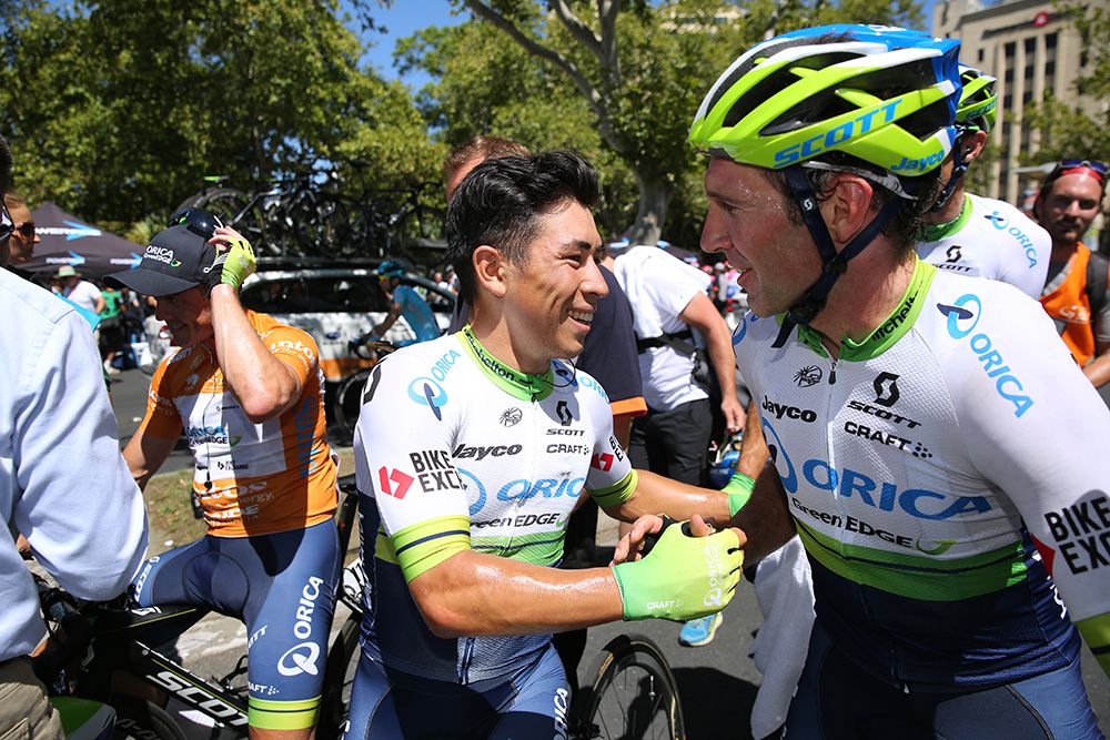 Caleb Ewan with Michael Albasini after winning